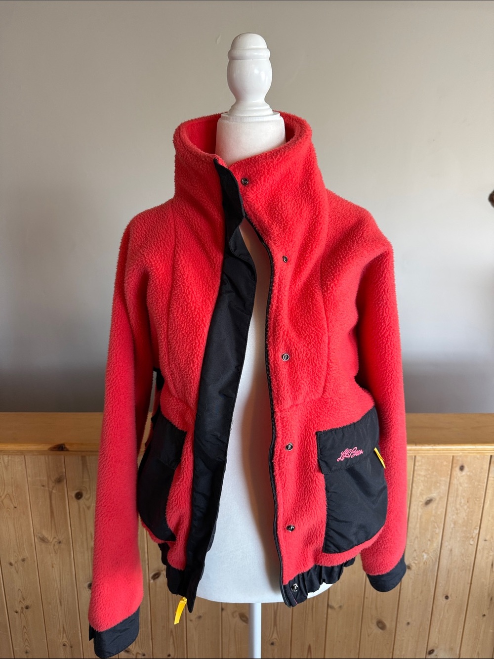 Vintage L.L. Bean Red Fleece Jacket with Black Pockets and Yellow Accents